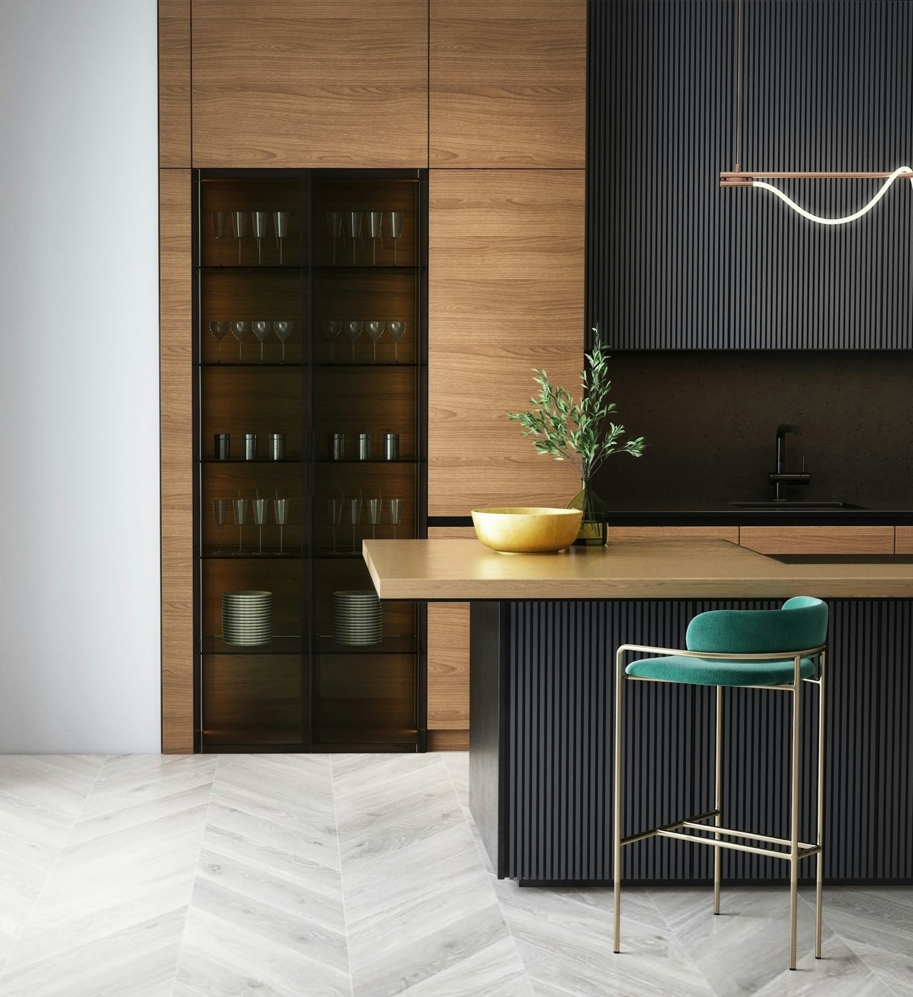 A finished kitchen with timber cabinetry and a stone benchtop
